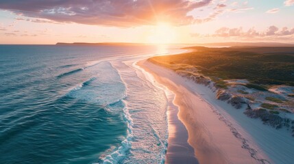 Aerial view of coastline and white sand dunes at sunset. Anna Bay, New South Wales, Australia  - obrazy, fototapety, plakaty