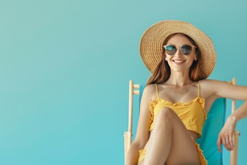 A woman in a straw hat relaxes on a beach chair by the shore