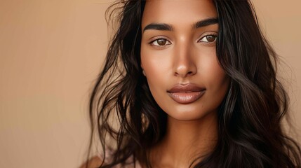 A close-up of a woman with long, luxurious hair cascading down her shoulders