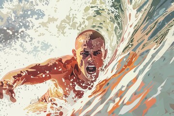 A surfer with a buzz cut hair, expressing a mad scream while riding a wave, illustrated in flat vector art for a dynamic album cover, - obrazy, fototapety, plakaty