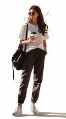 A woman in a minimal and timeless outfit, holding a cup of coffee, illustrated in full length on a tshirt, against an isolated white background - obrazy, fototapety, plakaty