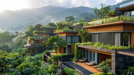 Cozy greenery resort with sunlight decorated with red brick full of leaves, amidst eco-friendly accommodation living place, a walkway in the middle of a tropical resort, holiday vacation concept