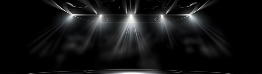 Dramatic Stage Beam Lighting and Theatrical Spotlights in a Black Studio with Futuristic Backdrop