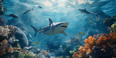 Majestic great white shark cruising through the deep blue ocean, surrounded by various fish and coral reefs