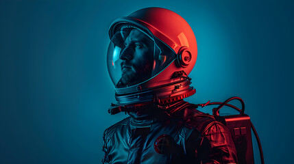 Epic photoshot of a dashing space explorer in a sleek spacesuit, against a cosmic blue studio background.


