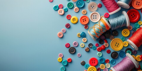 Vibrant sewing buttons scattered beside spools of thread on a bright blue background, symbolizing creativity and craftsmanship