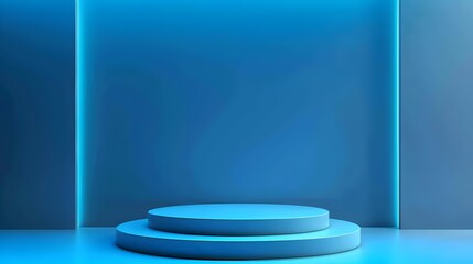 Elevated Blue Podium Platform with Minimalist 3D Studio Stage Backdrop for Product Presentation or Exhibition