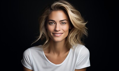 A woman with flowing blonde hair elegantly poses in a white shirt