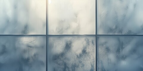 A close-up of a windowpane with frost patterns, light softly piercing through the glass, giving a tranquil ambience - obrazy, fototapety, plakaty