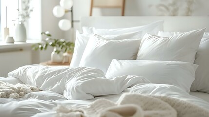 Fototapeta na wymiar Pristine White Duvet and Comfortable Pillows on Bed