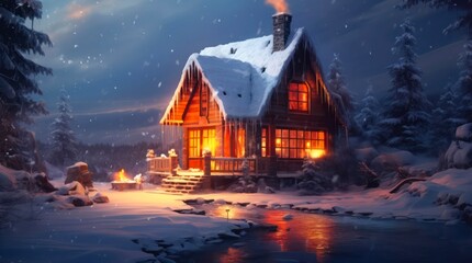 Wooden house near a frozen river in the forest, snowy winter landscape. - obrazy, fototapety, plakaty