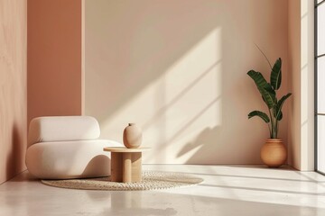 Modern, light minimalist interior of the living room peach fuzz color