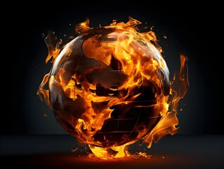 Fire Engulfs the Collapsing Globe,Emblematic of Global Warming and Environmental Disaster Caused by Industry and Finance