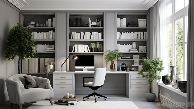 Subdued Gray Home Office: Plan a minimalist home office with soft gray walls, white furniture, and black accents, promoting focus and concentration in a calming environment