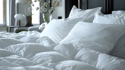 Fototapeta na wymiar White Bedding with Soft Texture and Comfortable Pillows for a Cozy Ambiance