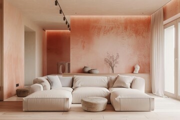 Modern, light minimalist interior of the living room peach fuzz color