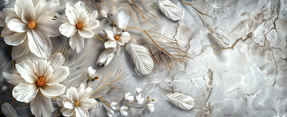 panel wall art, marble background with feather and flowers desig