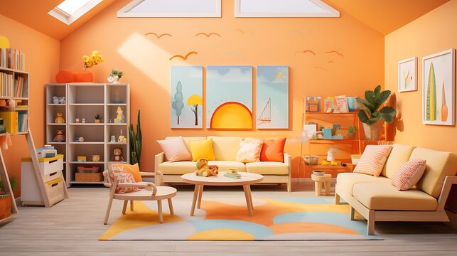 Sunny Orange Playroom: Plan a playful playroom with walls painted in vibrant sun-kissed orange, colorful furniture, and interactive educational elements, creating a lively and imaginative space for ch