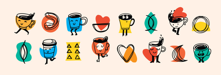 Set of retro doodle funny coffee characters and geometric shapes and doodles posters. Latte, cappuccino, coffee cup mascot. Nostalgia 70s, 80s. Print design for cafe - 787243307