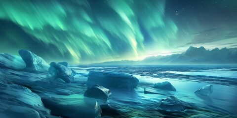 Majestic northern lights dance over a frozen landscape, the ice and snow reflecting the ethereal green hues