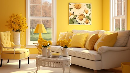 Sunny Yellow Living Room:  a cheerful living room with buttery yellow walls, white furnishings, and accents of bright sunflower yellow