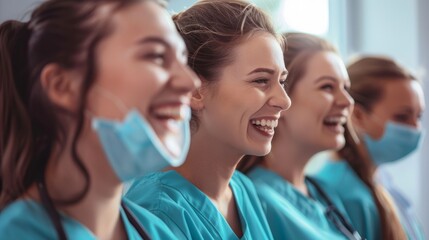 A group of women wearing scrubs laughing together in a candid moment captured from a slightly elevated angle - obrazy, fototapety, plakaty