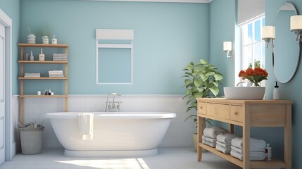 Fototapeta na wymiar Tranquil Sky Blue Bathroom: a peaceful bathroom with sky blue walls, white fixtures, and accents of seafoam green, evoking a sense of calm reminiscent of clear skies and ocean breezes