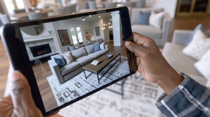 Closeup of a sales associates tablet screen showing an AR visualization of a customized furniture piece in a customers living room allowing them to see how it looks before purchasing. .