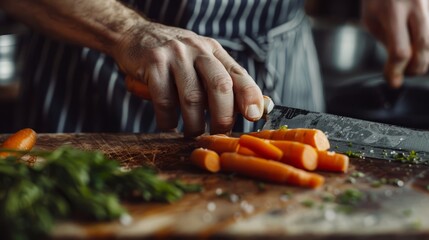 Closeup of hands using a chefs knife to chop carrots on a wooden cutting board