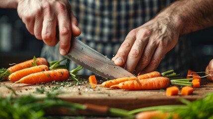 Closeup of hands of a man chopping carrots with a chefs knife on a wooden cutting board - obrazy, fototapety, plakaty