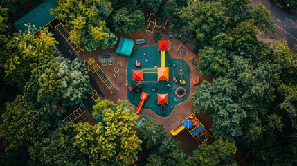 A drone captures an aerial view of a playground in a park, showcasing swings, slides, and children playing