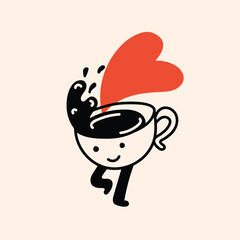 Retro doodle funny character coffee with heart poster. Vintage drink vector illustration. Latte, cappuccino, coffee cup mascot. Nostalgia 60, 70s, 80s. - 787243746