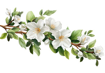 Fototapeta premium watercolor branch with white flowers and green leaves on a transparent background, spring floral flower branch card decoration