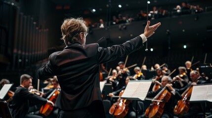A conductor with his arms outstretched directs an orchestra on stage during a performance
