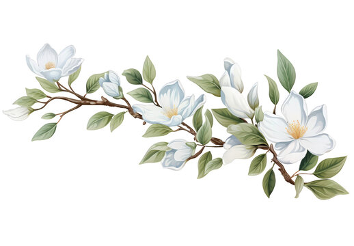 watercolor branch with white flowers and green leaves on a transparent background, spring floral flower branch card decoration