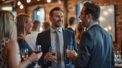 Professionals in semiformal attire standing together holding wine glasses, engaging in conversations at a social gathering - obrazy, fototapety, plakaty