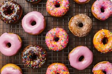 Donuts arranged on a kitchen table, sweet treats in abundance