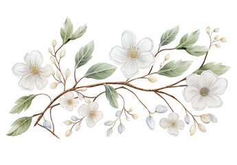 watercolor branch with white flowers and green leaves on a transparent background, spring floral flower branch card decoration