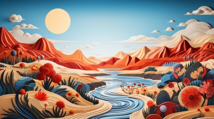 Vibrant illustration of a desert landscape with a river running through it