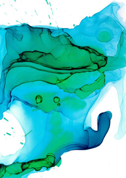Ocean of mystical viscous liquid. Bright splash with color flows. Fashion silk fabric. Wavy shining cloud with emerald spots. Abstract fluid art blue-green galaxy. Azure sky with ethnic silhouettes.