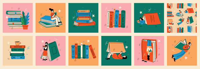 Book concepts set. Happy readers reading books and flying, laying , sitting everywhere. Flat trendy retro vector illustrations isolated on white background - 787244365