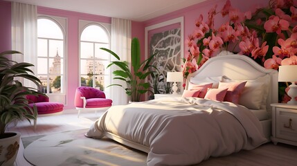 Vibrant Orchid Bedroom:  a vibrant bedroom with walls in orchid shades, white furnishings, and pops of bright pink and green, creating a lively and energetic space