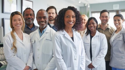 A diverse group of male and female doctors standing together in a room - obrazy, fototapety, plakaty