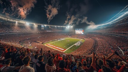 A crowded stadium filled with enthusiastic spectators watching a football game under bright stadium lights
