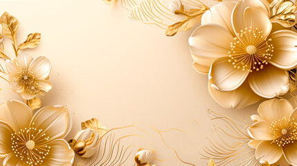 Floral luxury wedding flower elements on golden background, frame. Abstract 3D illustration with gold flowers. Trendy fashionable composition for invitation, brochure, greeting card, textile