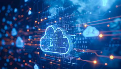 Digital service application with data transmission. Cloud storage for downloading, network security technologies. Futuristic server illustration. Digital space. Data storage.