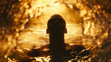 The play between light and dark is captured in the flowing movements of a black man submerged in water his silhouette creating a striking contrast against the ly illuminated background. . - obrazy, fototapety, plakaty