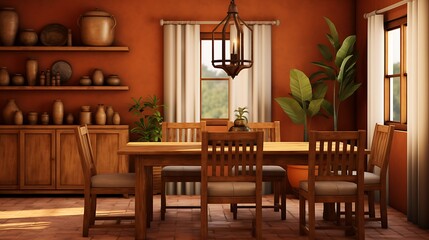 Warm Terracotta Dining Room:  a dining room with warm terracotta-colored walls, rustic wooden furniture, and earthy tones, creating a cozy and inviting atmosphere