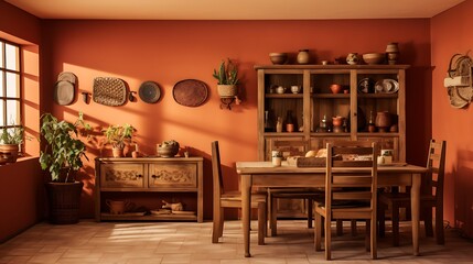 Warm Terracotta Dining Room:  a dining room with warm terracotta-colored walls, rustic wooden furniture, and earthy tones, creating a cozy and inviting atmosphere