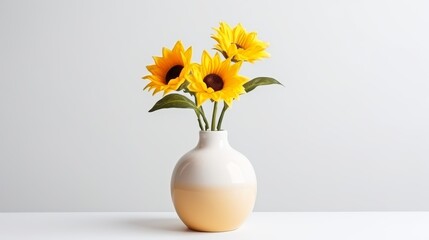 A white vase holds three vibrant yellow sunflowers, adding a touch of elegance and warmth to the room